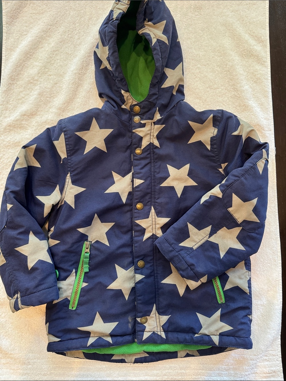 Mini Boden Navy Star Hooded Puffer Jacket with Green Trim
